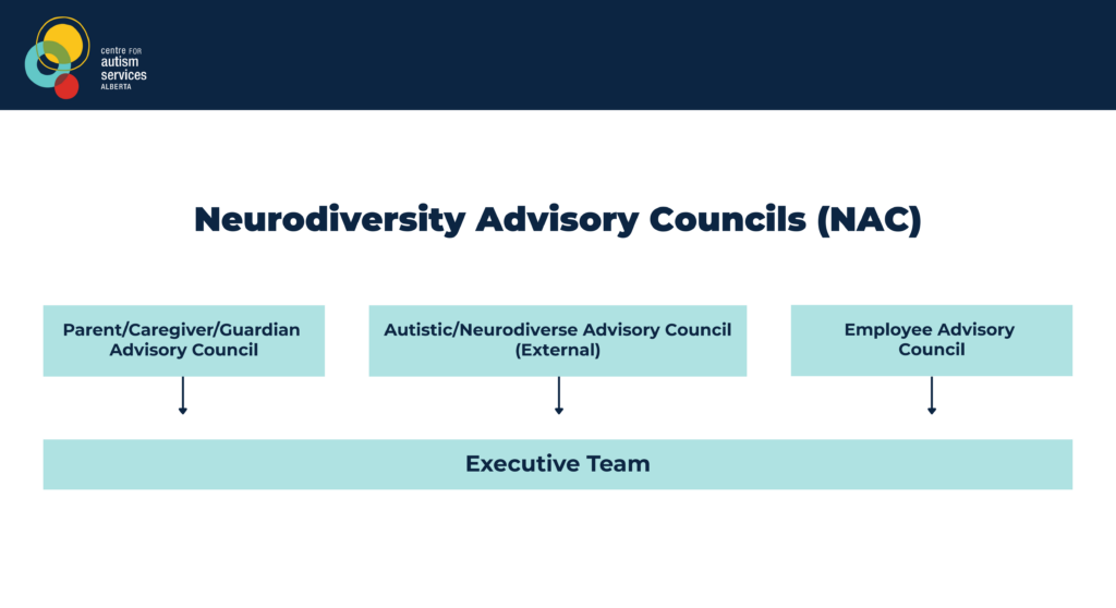 A graphic showing a Neurodiversity Advisory Councils tree. The first row has the parent/gaurdian/caregiver council, the neurodiverse council, and the employee council. This row points below to the executive team.